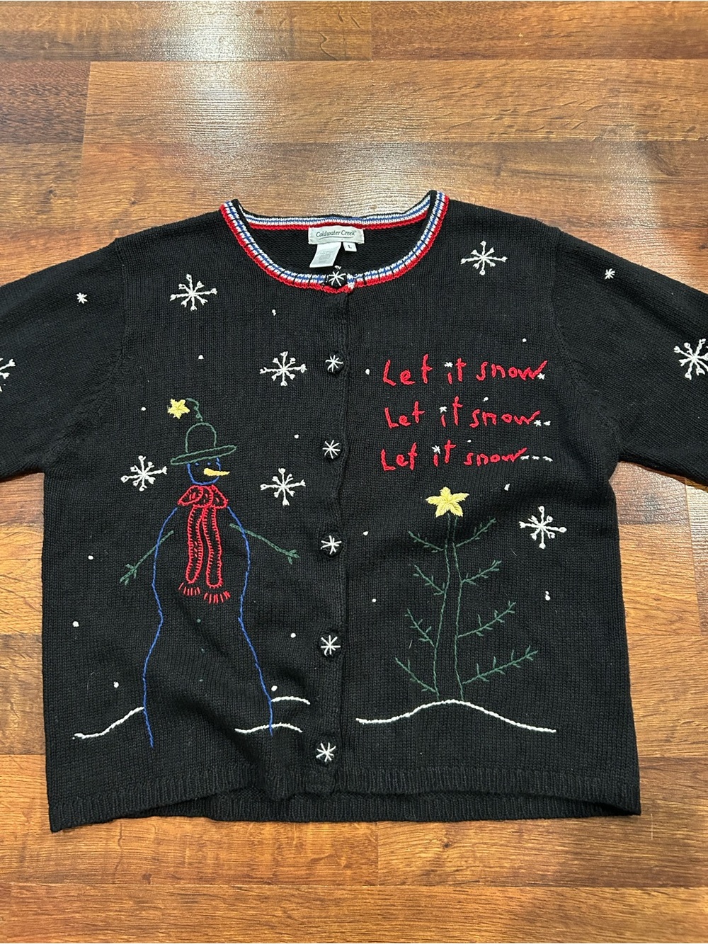 Vintage Coldwater Creek Holiday Sweater Button Front Cardigan Snowman Size Large
